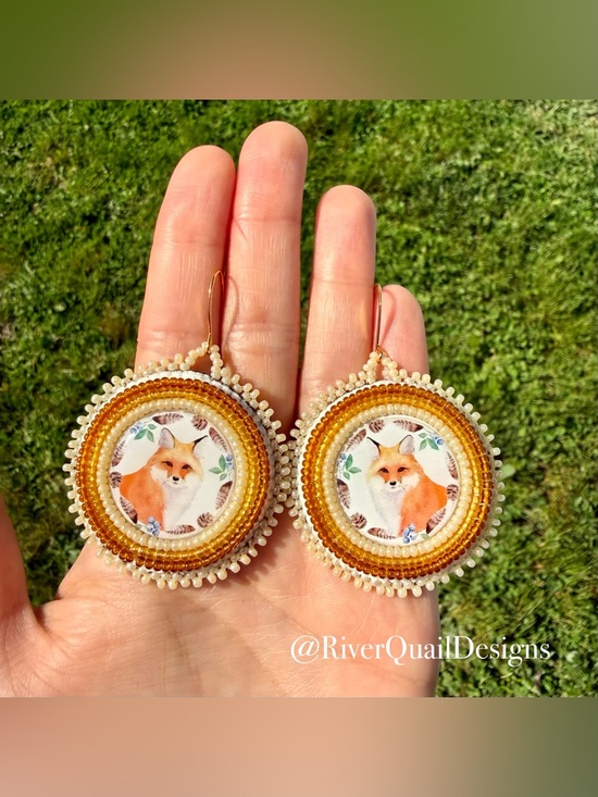 Handmade Jewelry - Handmade Beaded Fox Earrings: Cream, Gold, Brown. Native Made Indigenous Art